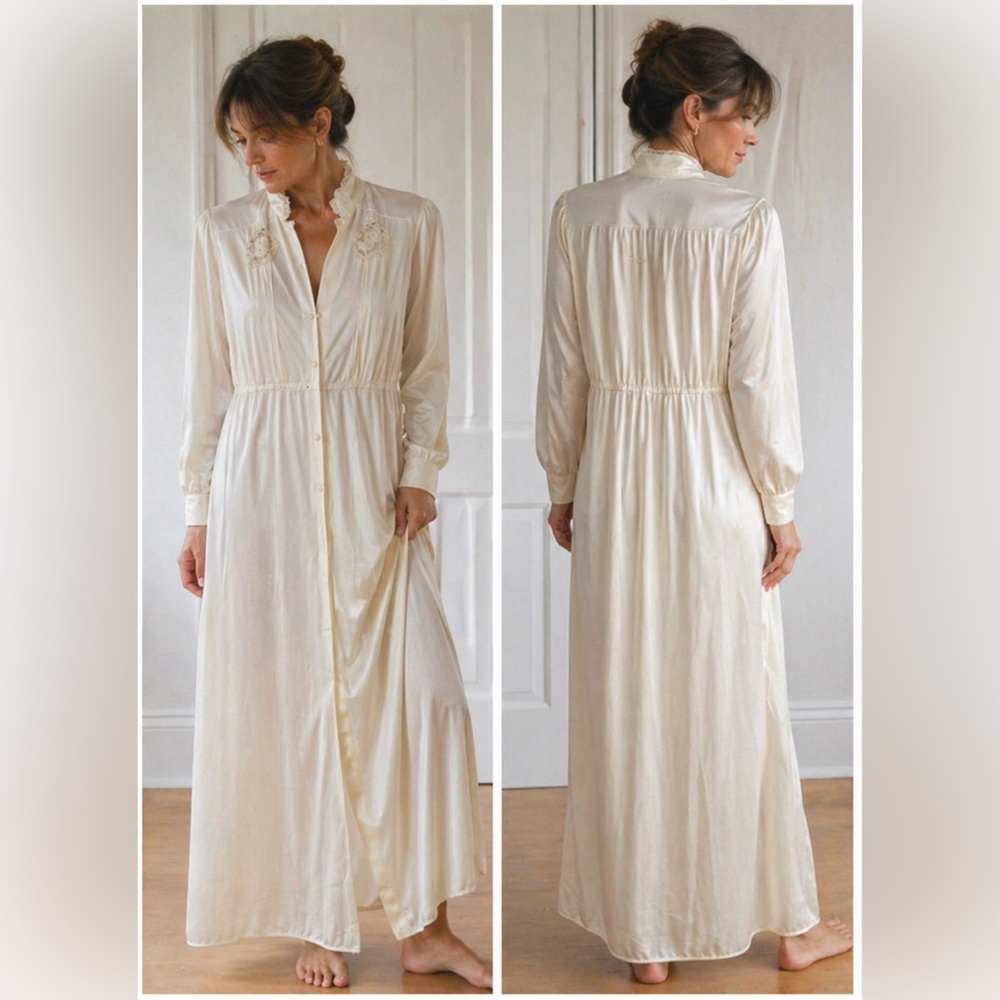 Vintage Cream Lace Button Front Maxi Nightgown, Semi Sheer, Small